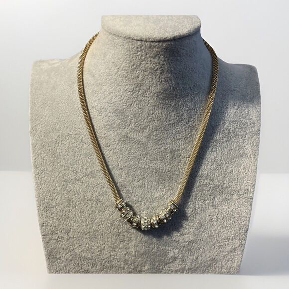 Anne Klein Gold Tone Round Mesh Chain Crystal Rhinestone Slide Charm Necklace - Picture 1 of 9